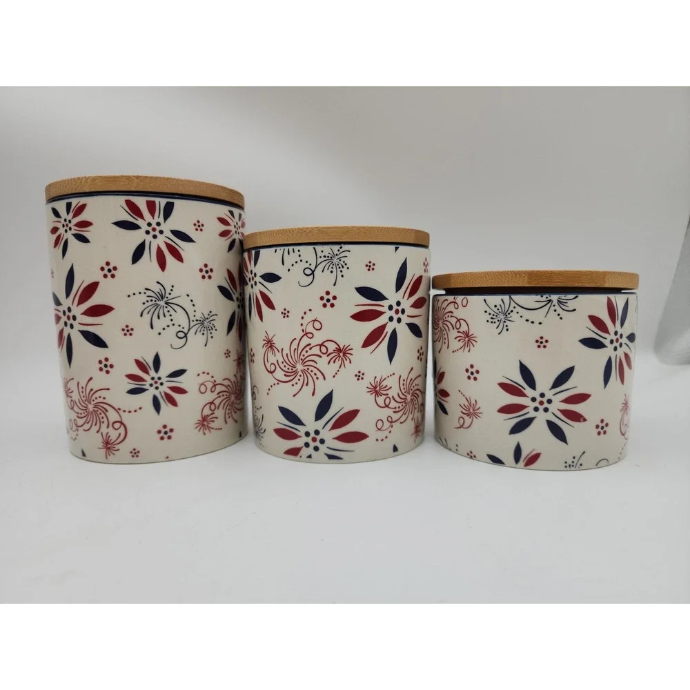 Temptations By Tara Set Of 3 Patriotic Cannisters W/Bamboo Lids